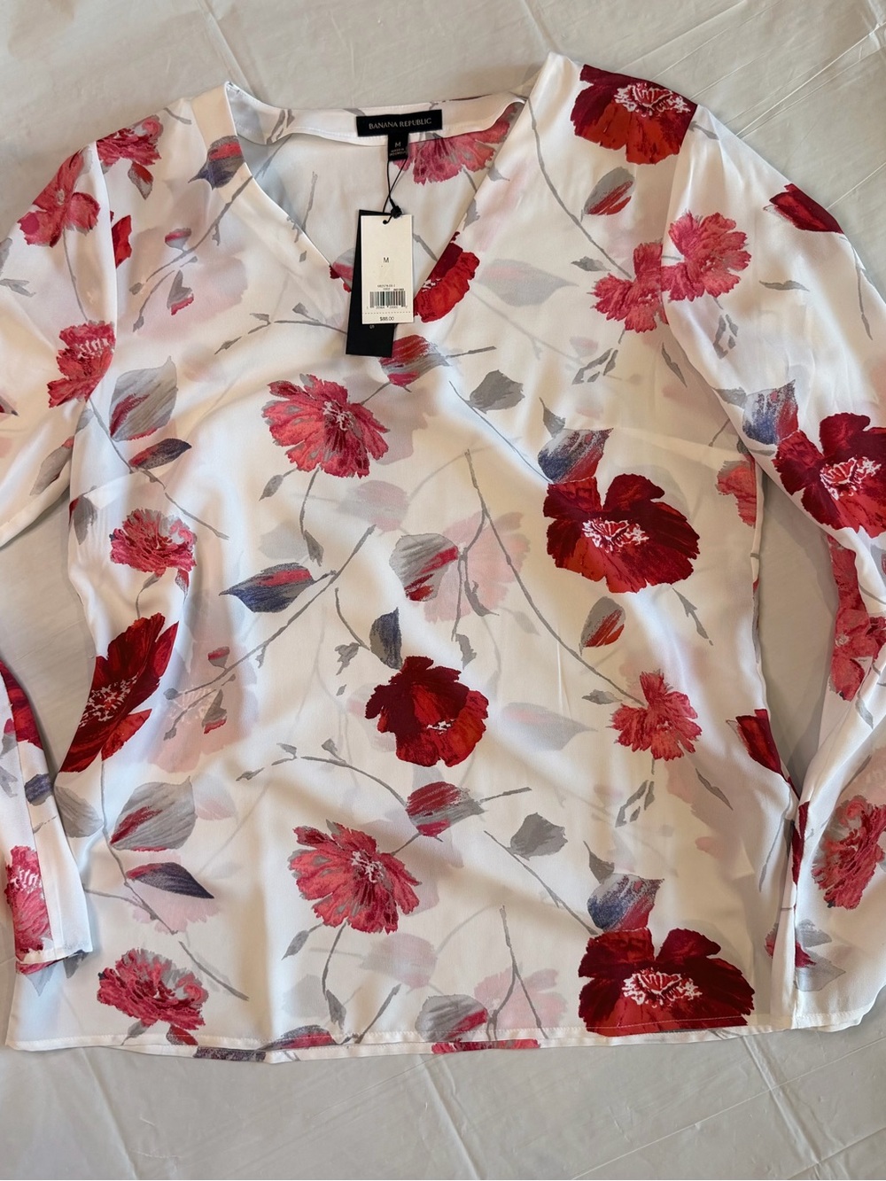 Banana Republic White Floral V-Neck Blouse with Red & Pink Blooms